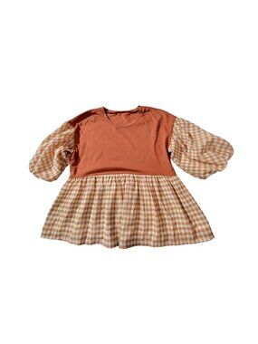 2.7 August Womens Apparel Orange Gingham Babydoll Top With Puff Sleeves Size M